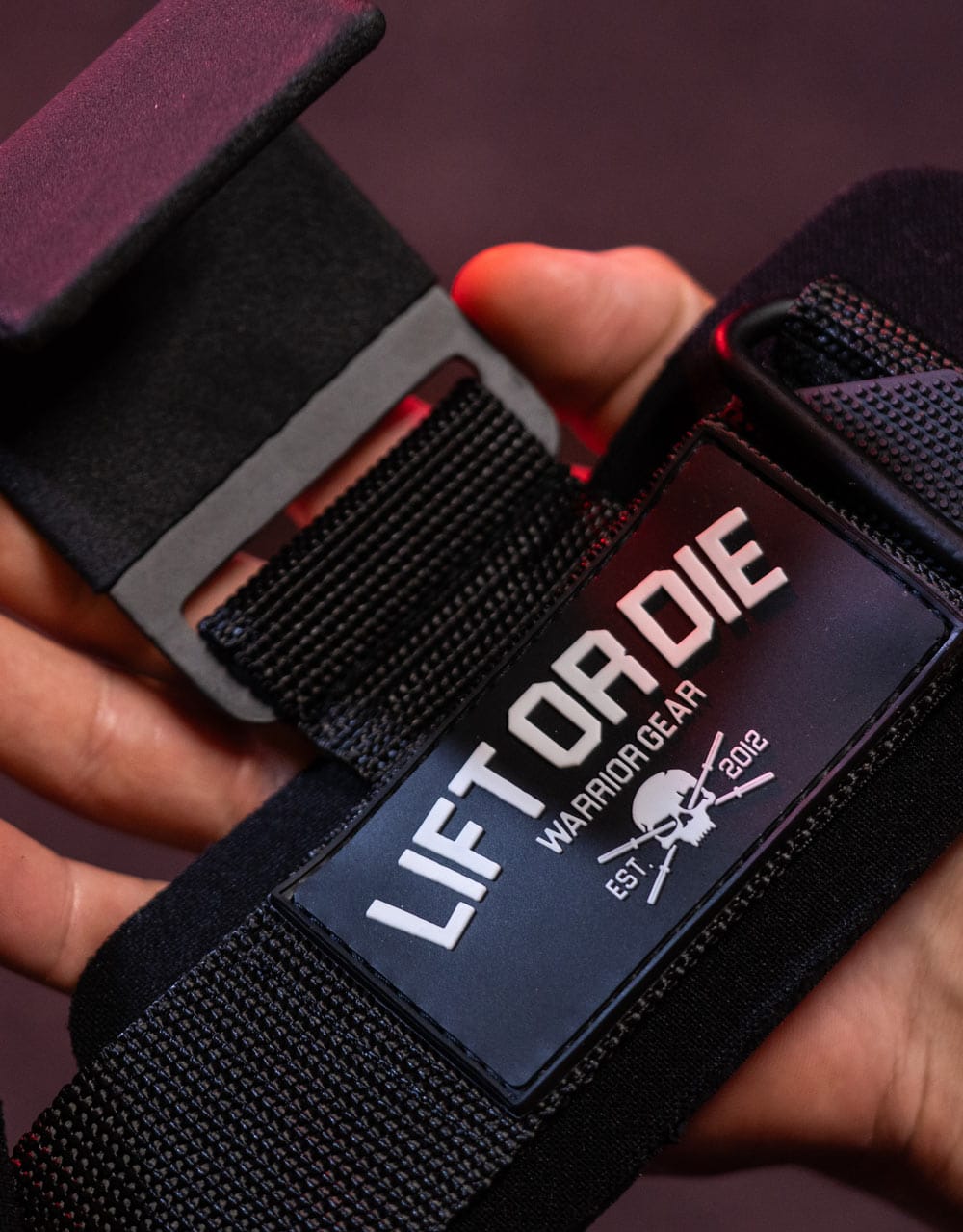 Primer plano del gancho de acero antideslizante reforzado, la muñequera de neopreno y el parche Lift or Die Warrior Gear.