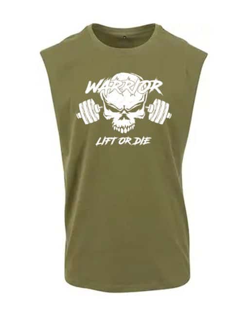 t-shirt mouwloos bodybuilding schedel - groen mouwloos t-shirt schedel - bodybuilding - krijgeruitrusting - lift of die - t-shirt mouwloos powerlifting