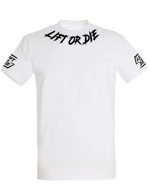 koszulka konkursowa lift or die-biała koszulka trójbój siłowy lift or die-t-shirt do kulturystyki-t-shirt do kulturystyki-t-shirt do trójboju siłowego