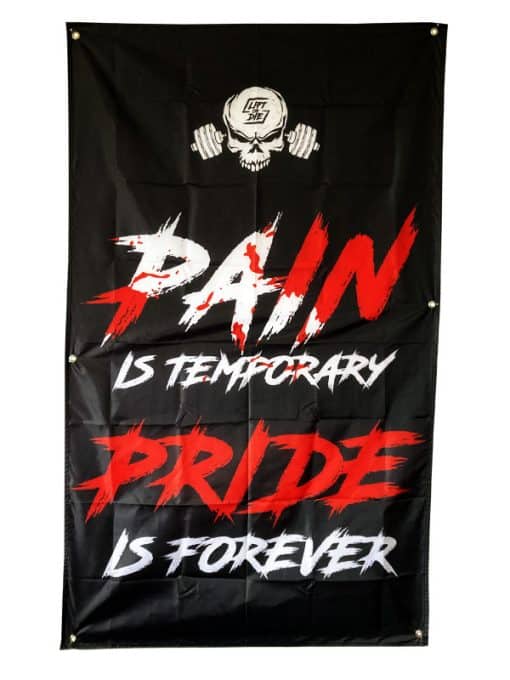 drapeau homegym pain is temporary pride is forever - drapeau motivation musculation - motivation fitness - motivation powerlifting - motivation strongman - motivation bodybuilding - drapeau motivation musculation