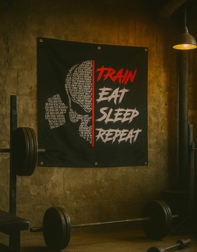 Póster de motivación bodybuilding powerlifting potencia, strongman train eat sleep repeat , bandera
