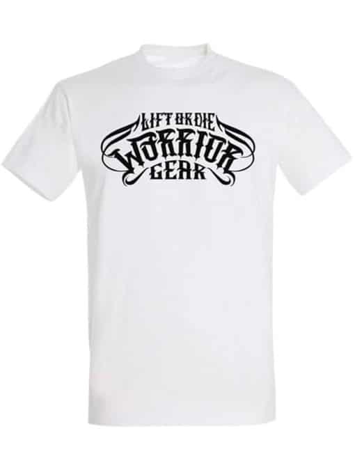 Weißes Bodybuilding-T-Shirt – Powerlifting-T-Shirt aus Metall – Krieger-Ausrüstung