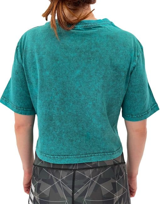 Blaues Crop-Top-Fitness-T-Shirt für Damen in Acid-Waschung – verwaschenes Bodybuilding-T-Shirt mit Crop-Top für Damen
