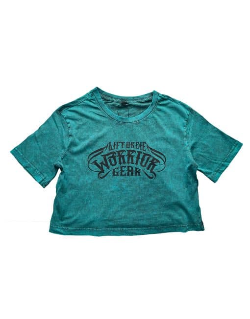 Crop Top Bodybuilding Acid Wash Blue – Crop-Fitness-T-Shirt für Damen mit gewaschener Warrior-Ausrüstung