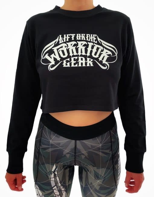 черен дамски спортен пуловер с топ пуловер за фитнес войнска екипировка - дамски скъсен топ за бодибилдинг