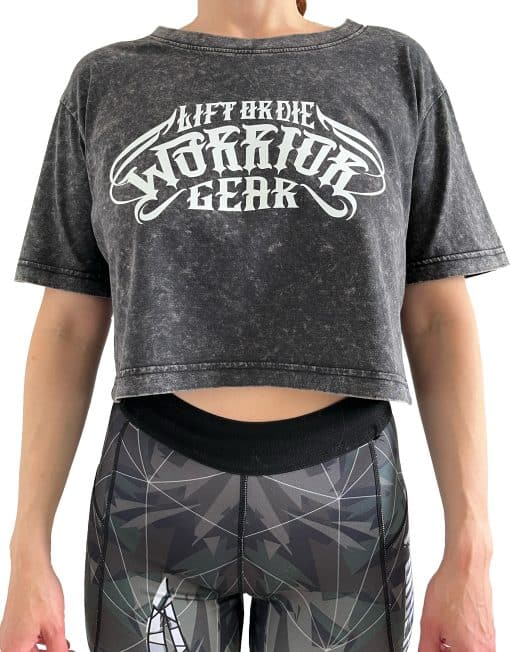 Camiseta feminina de fitness com lavagem com ácido cinza escuro - camiseta feminina com equipamento de guerreiro para musculação - camiseta feminina com lavagem com ácido