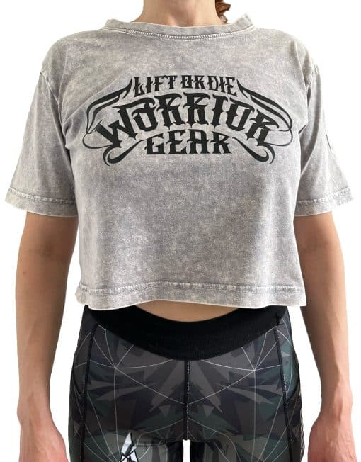 Damen Crop Top Bodybuilding T-Shirt Acid Wash Hellgrau – Crop Bodybuilding Fitness T-Shirt für Damen