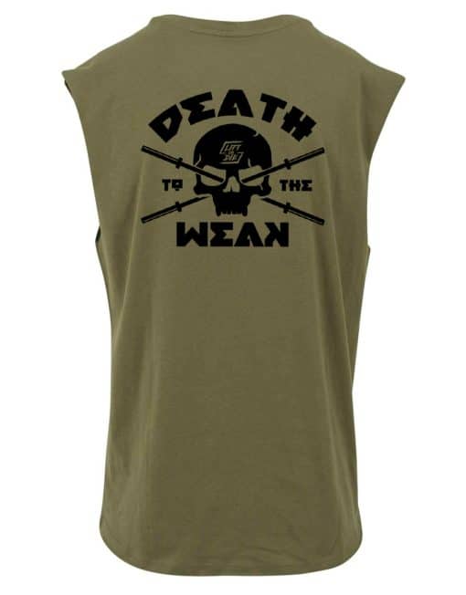 fitness tričko smrť slabých bez rukávov - zelené a čierne tričko s lebkou - kulturistické tričko s lebkou
