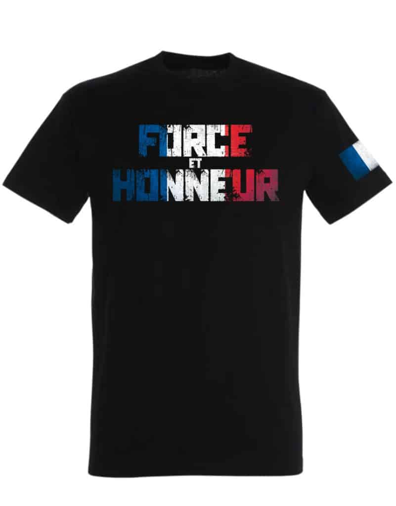 Tričko Francúzsko - tričko sila a česť - tričko sily a cti - tričko na kulturistiku - tričko na powerlifting - tričko strongman - modré biele červené tričko - tričko s výstrojom bojovníka - tričko Francúzsky vlajkový rukáv - Tričko s francúzskou vlajkou na rukáve - vlastenecké tričko - Francúzsko tričko - motivačné tričko