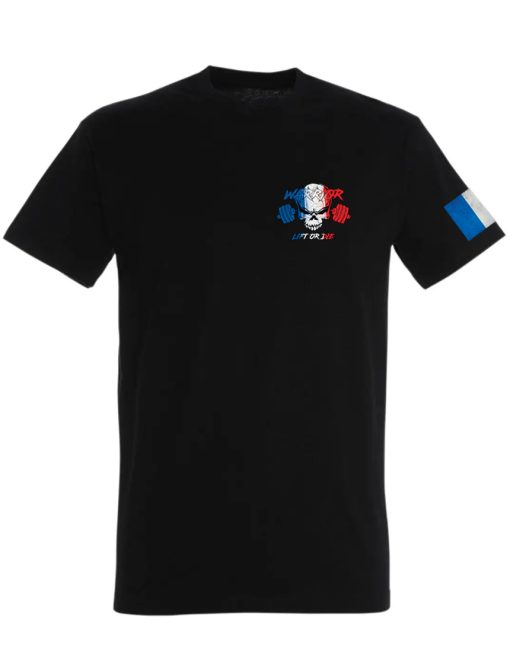 camiseta de musculação França azul branco vermelho - equipamento de guerreiro - camiseta de esporte de força - camiseta de musculação França - camiseta de fitness França - camiseta de levantamento de peso França - camiseta de musculação França - camiseta de homem forte França