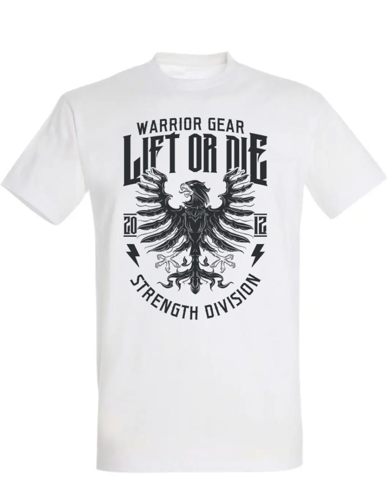 biała koszulka Eagle Warrior Gear - koszulka do trójboju siłowego - koszulka do kulturystyki - koszulka strongman - koszulka do kulturystyki - koszulka Eagle Lift or Die - podział siły