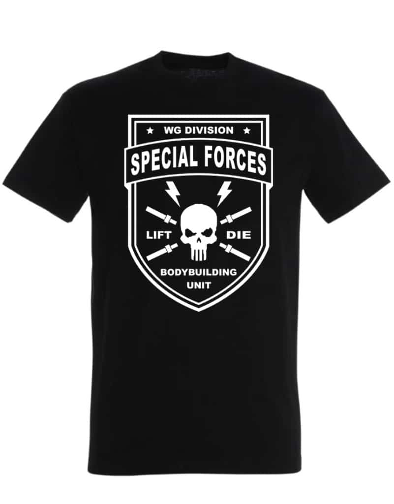 zwart bodybuilding t-shirt speciale kracht - speciale kracht tshirt - krijgeruitrusting - spieropbouwend t-shirt - bodybuilding t-shirt