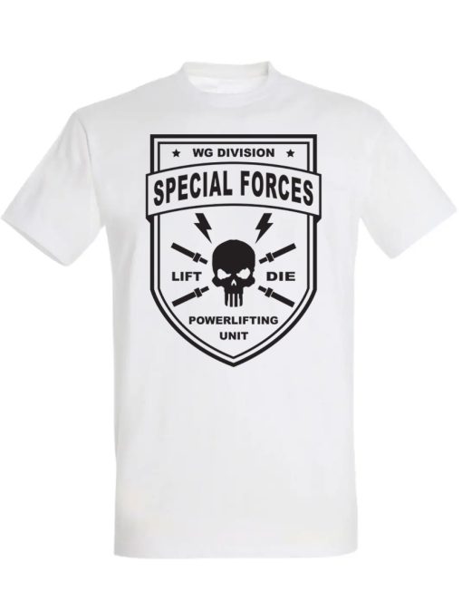 bílé tričko pro silový trojboj speciální jednotky - tričko speciálních jednotek - válečník - kulturistické tričko - tričko pro kulturistiku