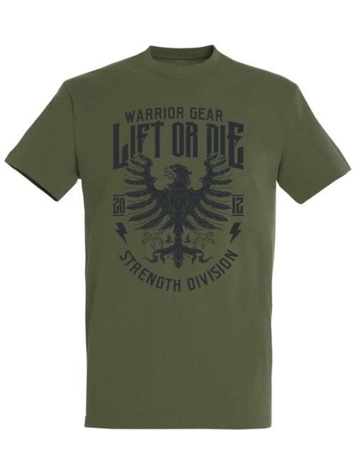 тениска с екипировка на воин зелен орел - тениска за пауърлифтинг - тениска за бодибилдинг - тениска за силни мъже - тениска за бодибилдинг - тениска с орел вдигане или умиране - силово разделение