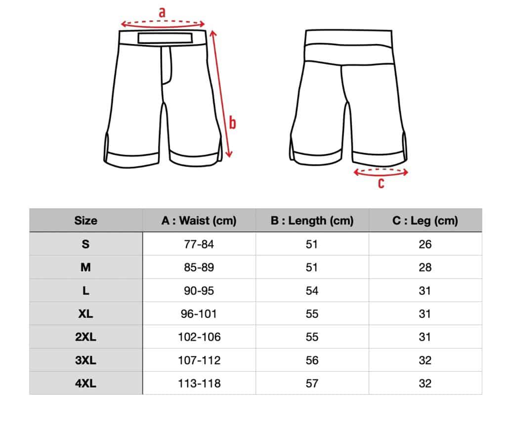 guia de tamanhos curtos Warrior Gear - Shorts de musculação - Shorts de fitness - Shorts de levantamento de peso - Shorts de Strongman - Shorts de musculação