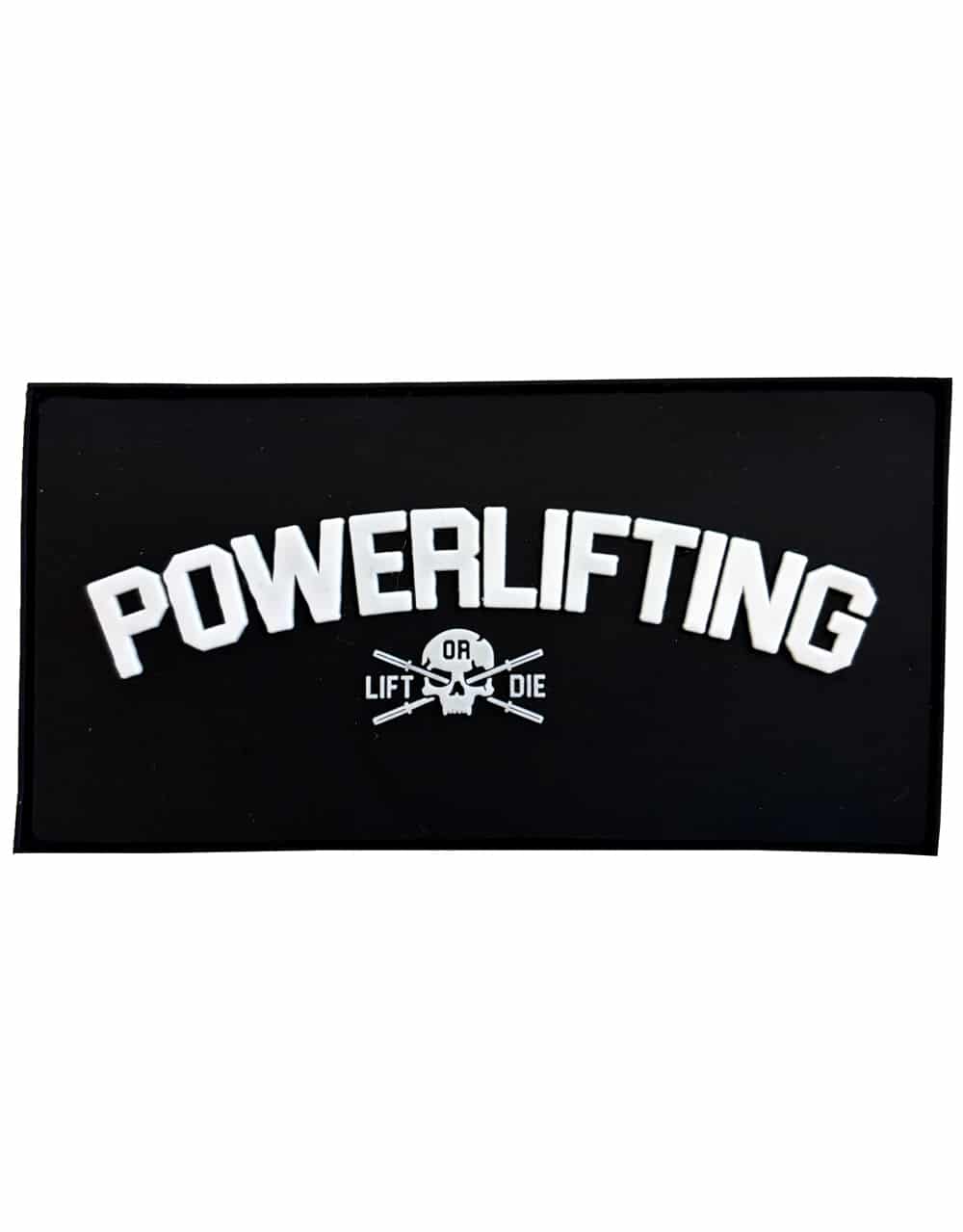 Patch PVC Powerlifting Warrior Gear avec logo crĂ¢ne et barres de force.