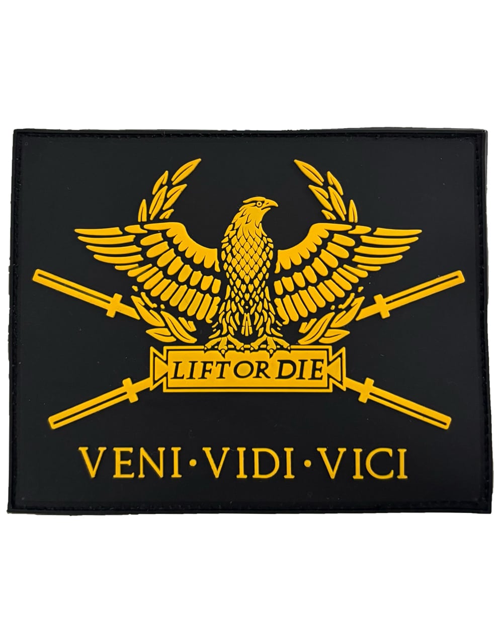 Parche de PVC 3D negro y dorado Lift or Die Veni Vidi Vici para bolsa de levantamiento de pesas Warrior Gear.