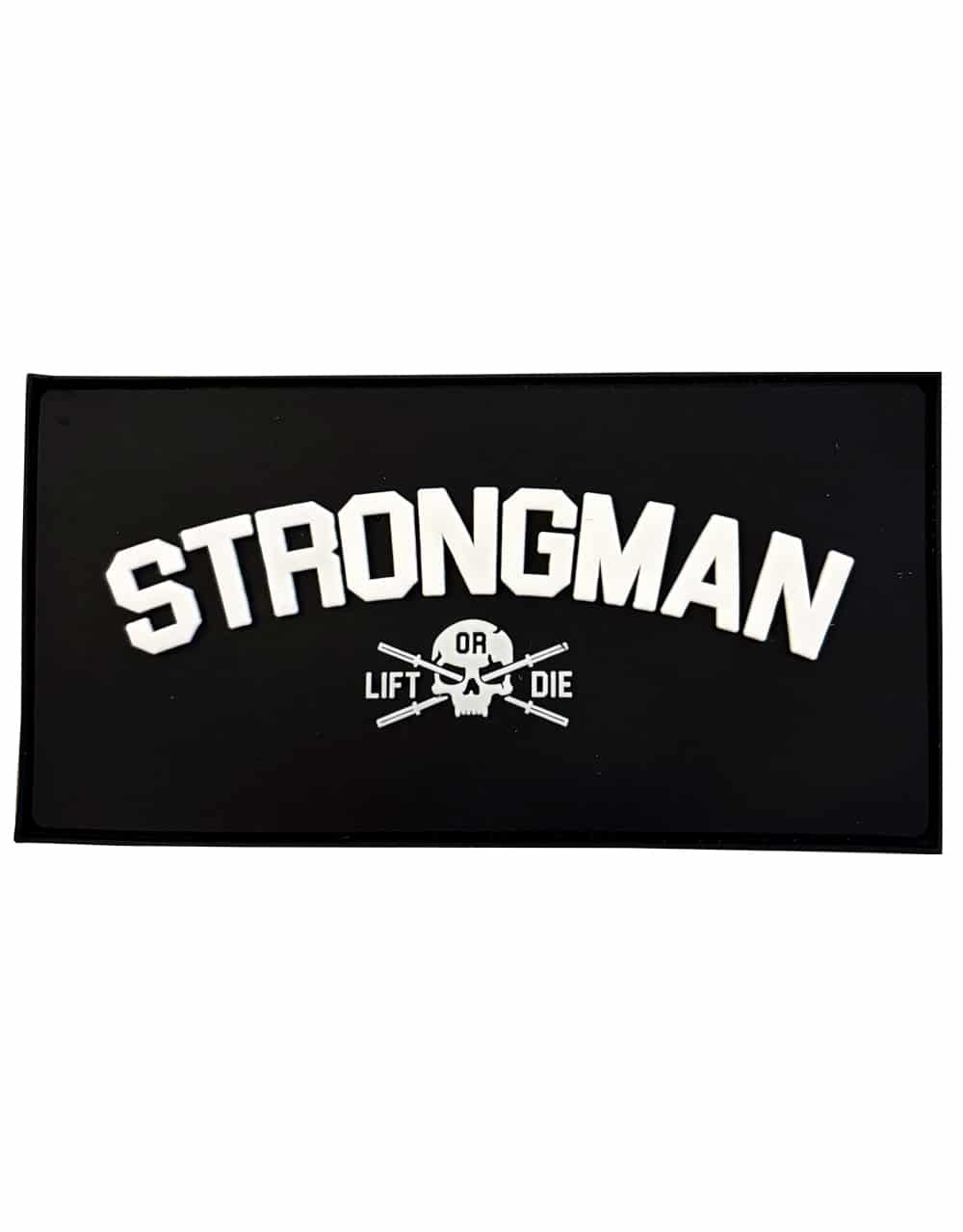 Patch PVC Strongman Warrior Gear avec logo skull et barres de musculation.