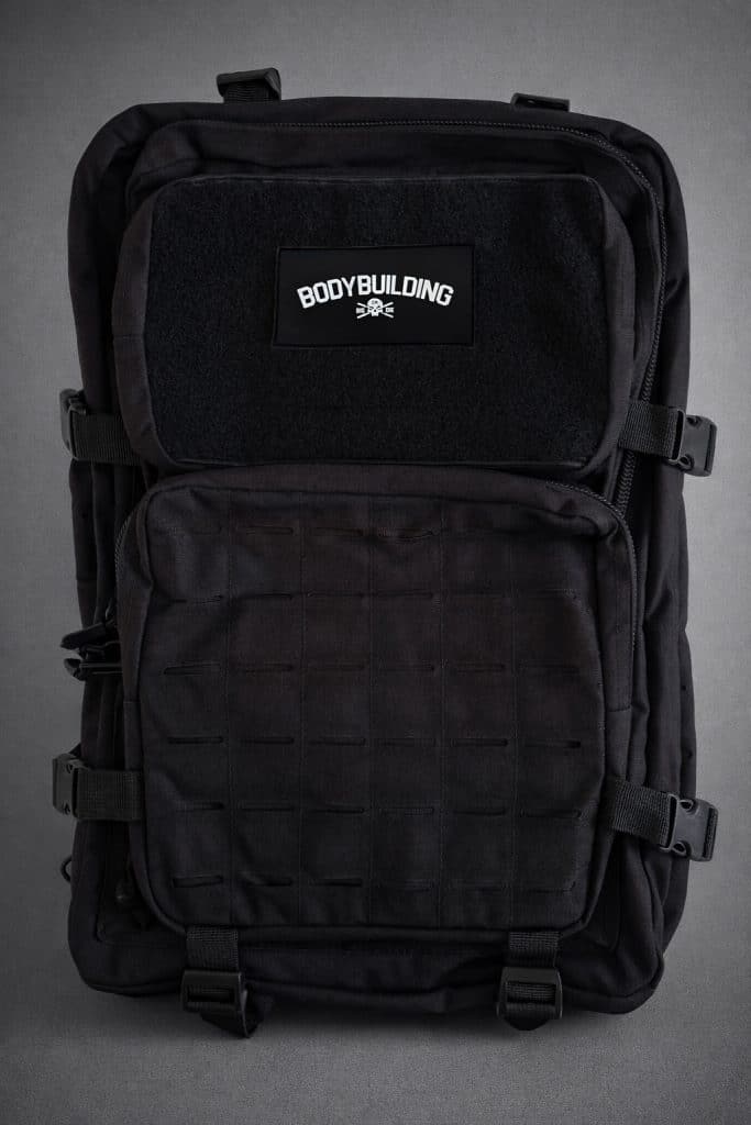 Custom black tactical bag with BodybuildingVelcro patch.