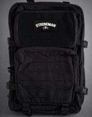 Schwarzer Militärrucksack nach Maß mit Strongman-Klettverschluss.