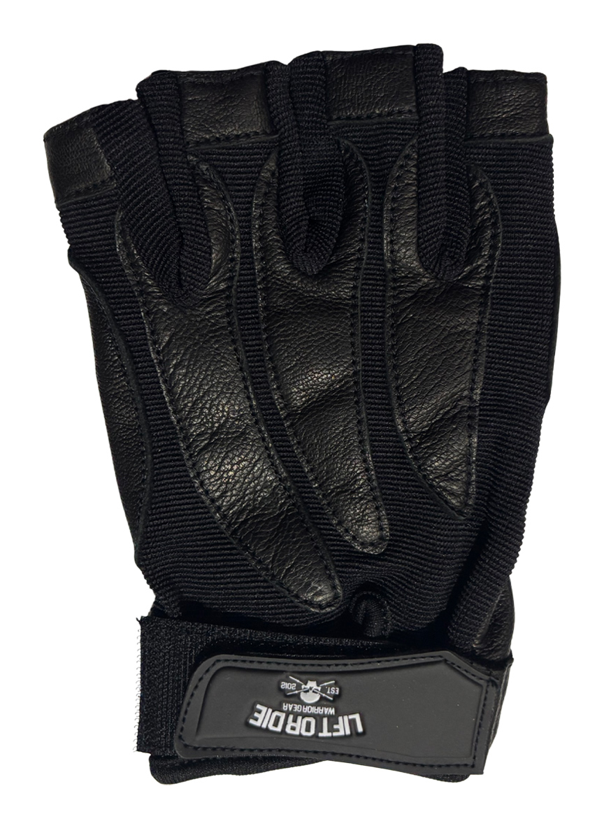 Close-up of the leather finish and technical textile of the Warrior Gear Full Blacksports gloves.
