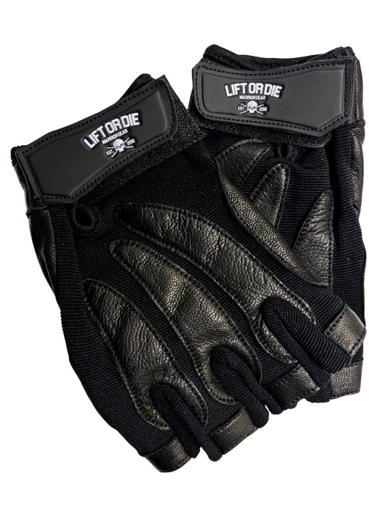 Complete pair of black leather weightlifting gloves with Lift or Die logo on the Velcro closure.