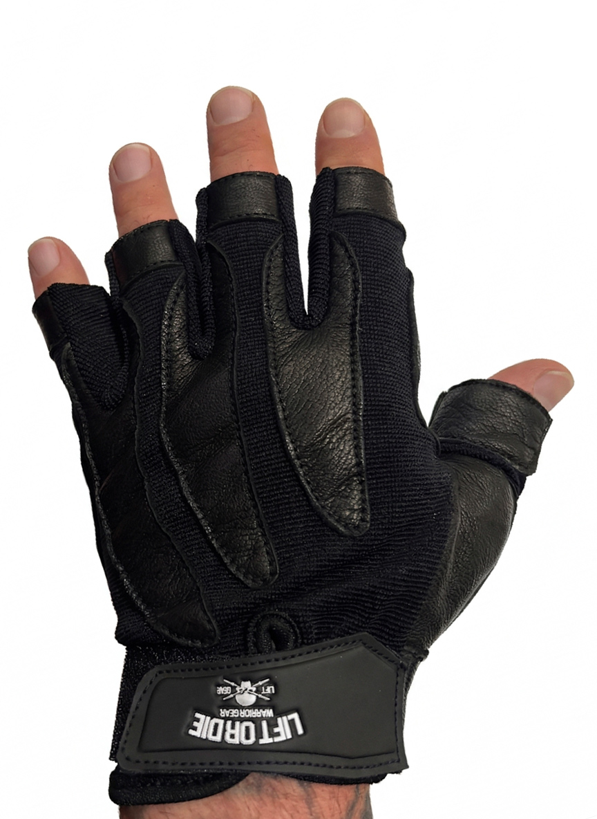 Warrior Gear black weightlifting gloves made of leather and breathable mesh worn on the back of the hand.