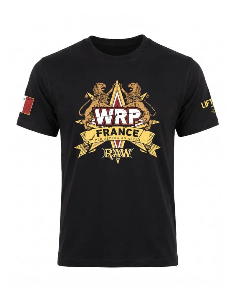 WRPF France RAW black powerlifting and strength training T-shirt (front view) - Warrior Gear