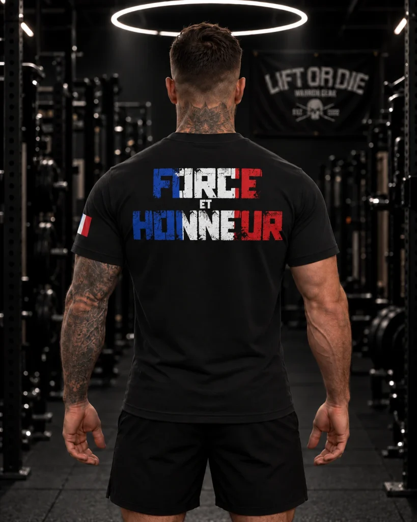 View from the back of the Warrior Gear t-shirt with the large slogan "Strength and Honor" in blue, white, and red, ideal for powerlifting and strongmancompetitions.