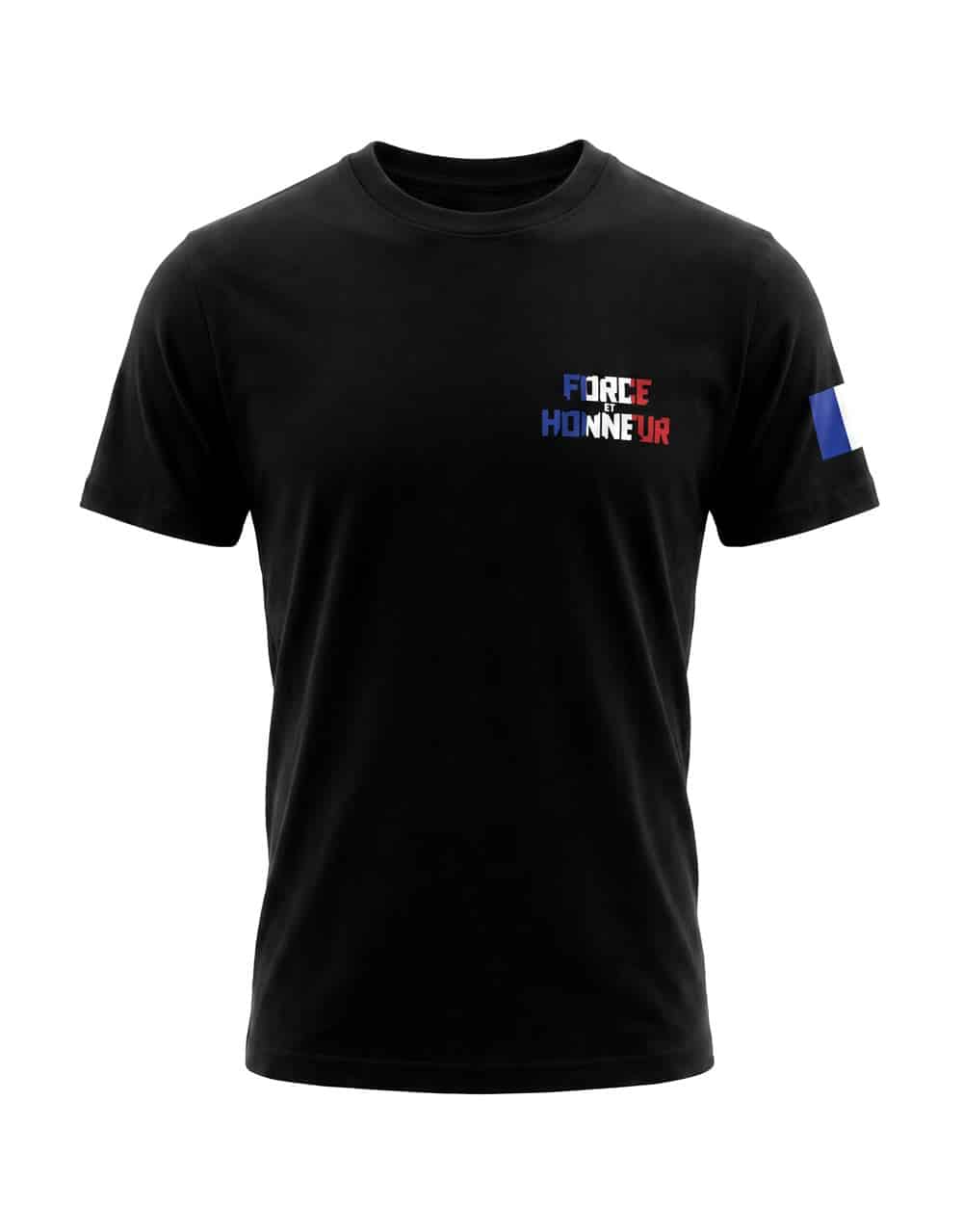 T-shirt de musculation noir Force et Honneur édition tricolore bleu blanc rouge vu de face - Warrior Gear