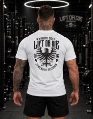 Vue de dos du t-shirt blanc Warrior Gear montrant le grand aigle impérial Lift or Die et le texte Strength Division.