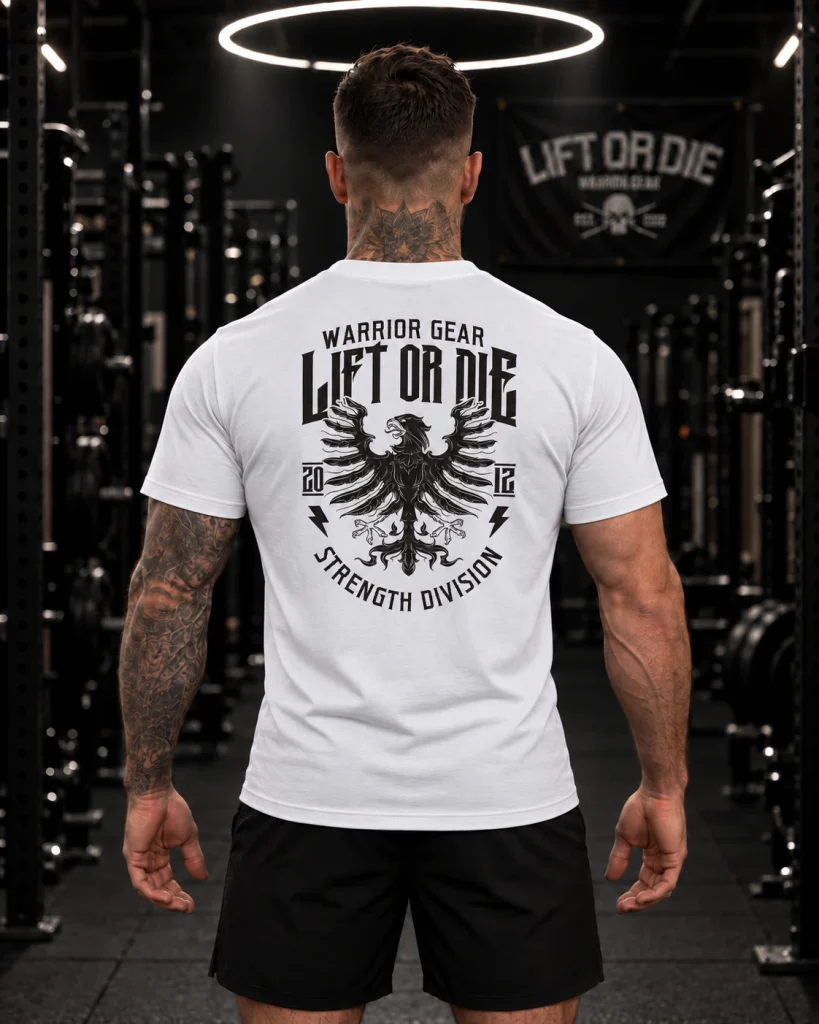Vue de dos du t-shirt blanc Warrior Gear montrant le grand aigle impérial Lift or Die et le texte Strength Division.