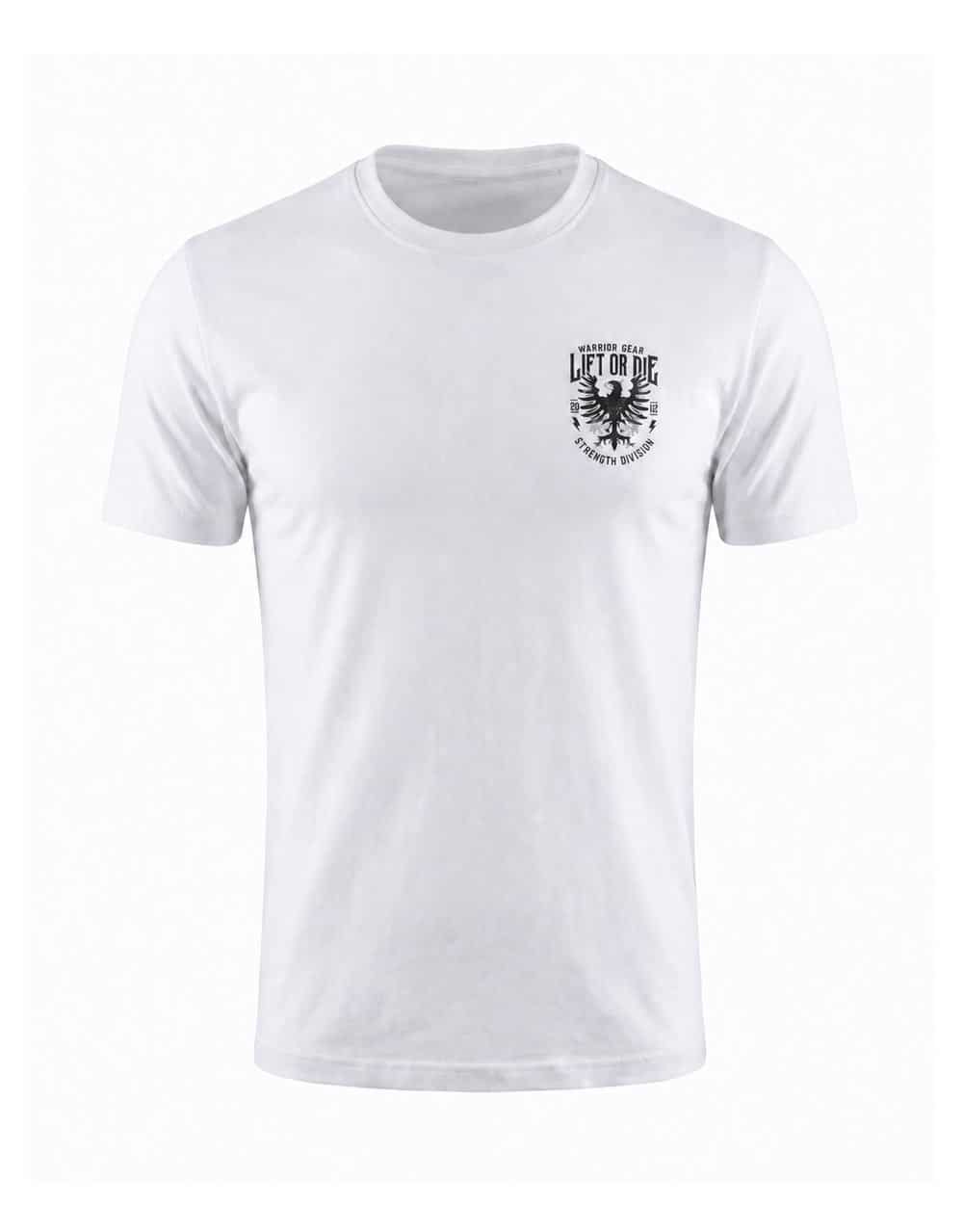 T-shirt de musculation blanc Strength Division avec blason aigle sur le torse vu de face - Warrior Gear