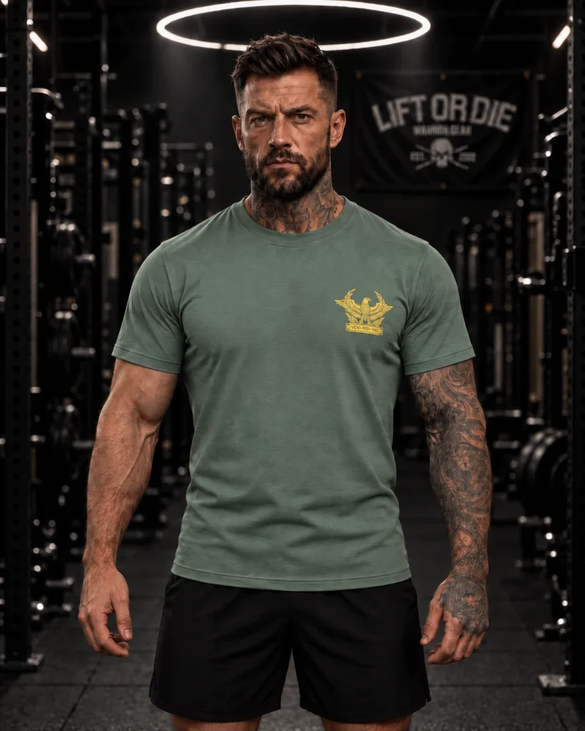 Athlète portant le t-shirt de musculation vert Veni Vidi Vici de face, avec le logo de l'aigle romain doré sur le cœur.