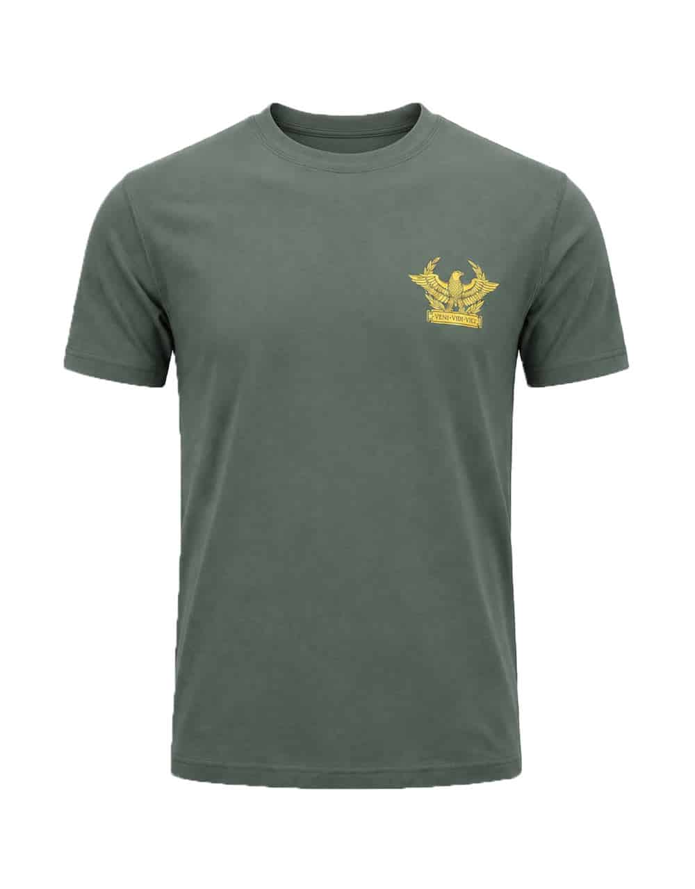 Camiseta de gimnasio Veni Vidi Vici verde militar con logo de águila dorada en el pecho (vista frontal) - Warrior Gear