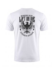 Grand visuel aigle Lift or Die au dos du t-shirt blanc de powerlifting et strongman Strength Division - Warrior Gear