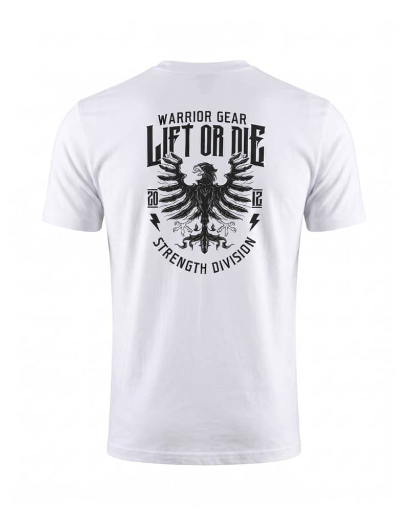 Grand visuel aigle Lift or Die au dos du t-shirt blanc de powerlifting et strongman Strength Division - Warrior Gear