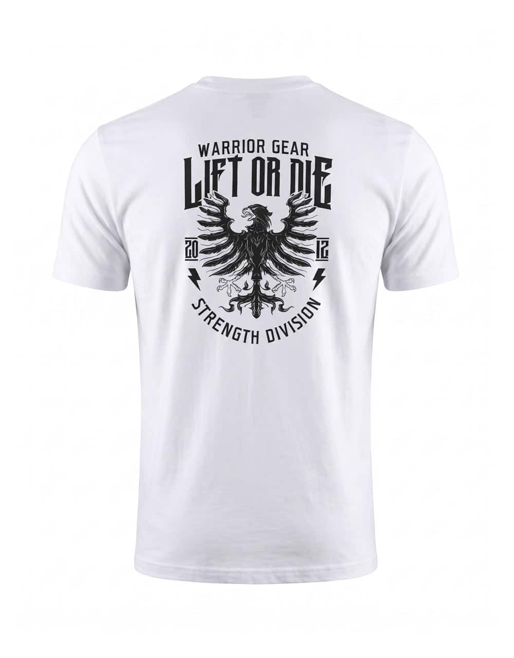 Grand visuel aigle Lift or Die au dos du t-shirt blanc de powerlifting et strongman Strength Division - Warrior Gear