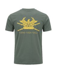 Grand visuel aigle romain dore et glaives Veni Vidi Vici au dos du t-shirt de powerlifting vert - Warrior Gear