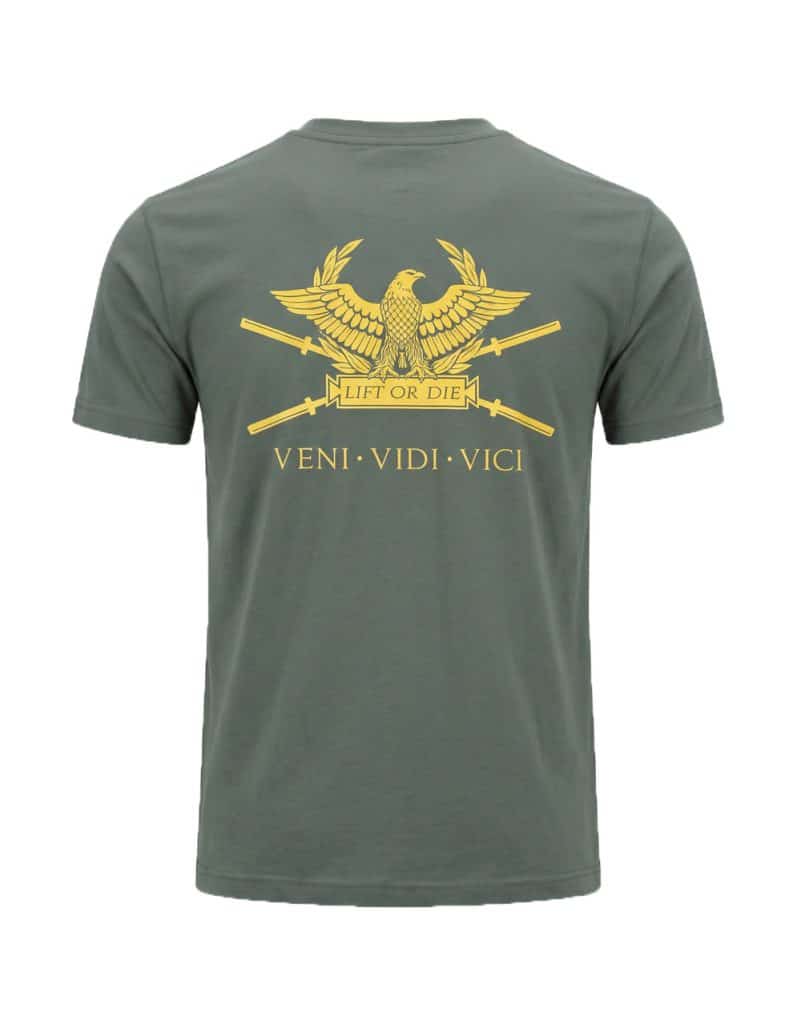 Gran gráfico de un águila romana dorada y Veni Vidi Vici en la parte posterior de la camiseta verde powerlifting - Warrior Gear