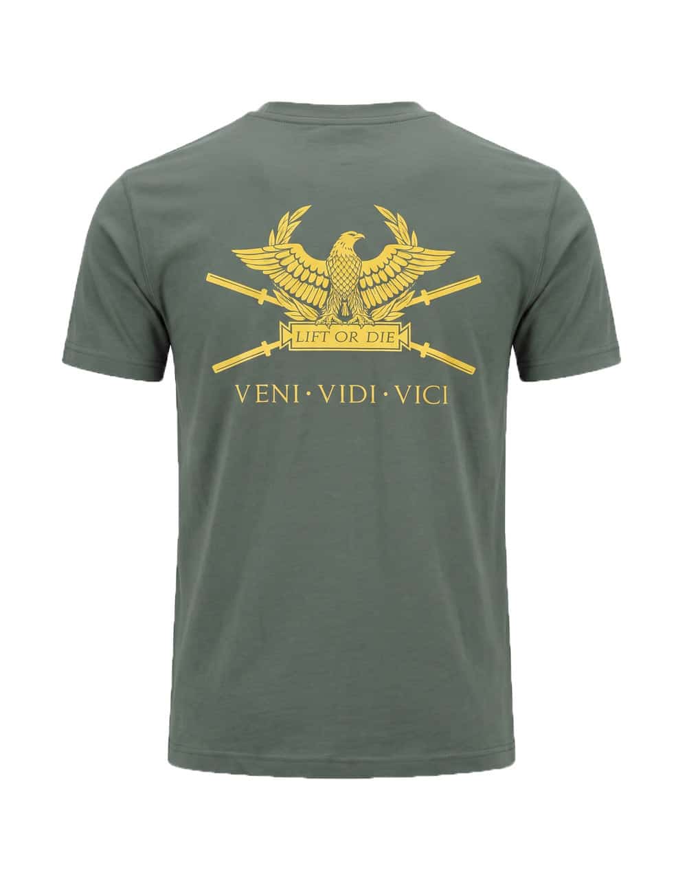 Gran gráfico de un águila romana dorada y Veni Vidi Vici en la parte posterior de la camiseta verde powerlifting - Warrior Gear