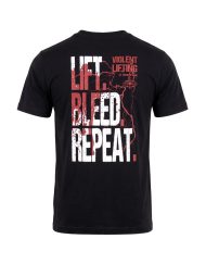 Grand marquage dos Lift Bleed Repeat sur t-shirt de powerlifting et bodybuilding noir - Warrior Gear