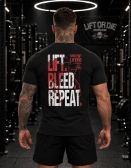 Vue de dos du t-shirt Warrior Gear avec le mantra hardcore Lift Bleed Repeat, conçu pour les sĂ©ances extrĂȘmes de powerlifting et strongman.