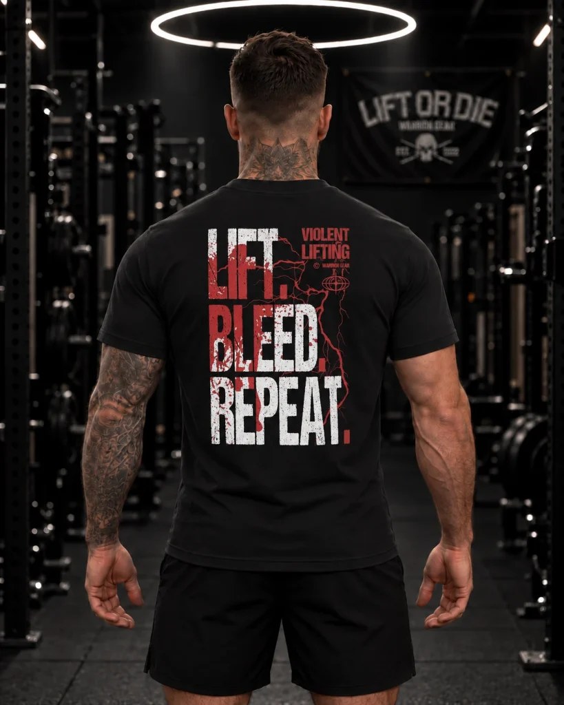 View from the back of the Warrior Gear t-shirt with the hardcore mantra Lift Bleed Repeat, designed for extreme powerlifting and strongmansessions.