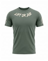 T-shirt powerlifting tactical vert militaire avec inscription Lift or Die au col vu de face - Warrior Gear