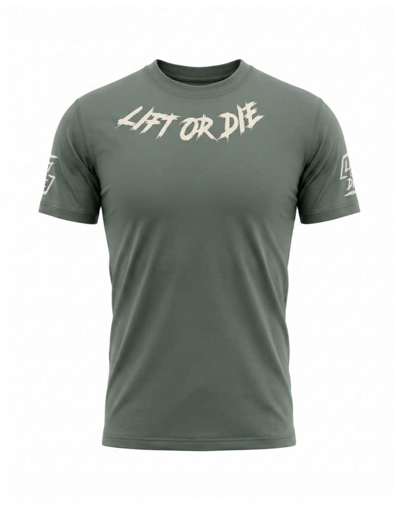 Camiseta táctica verde militar powerlifting con la inscripción Lift or Die en el cuello (vista frontal) - Warrior Gear