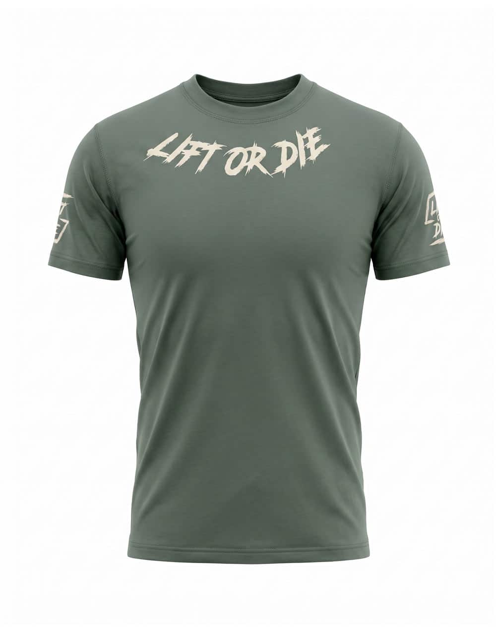 Camiseta táctica verde militar powerlifting con la inscripción Lift or Die en el cuello (vista frontal) - Warrior Gear