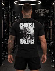 Vue de dos du t-shirt noir Warrior Gear montrant un gorille agressif et le texte Choose Violence.