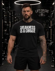 Athlète musclé portant le t-shirt de musculation noir Weakness Is A Choice de face, marque Warrior Gear.