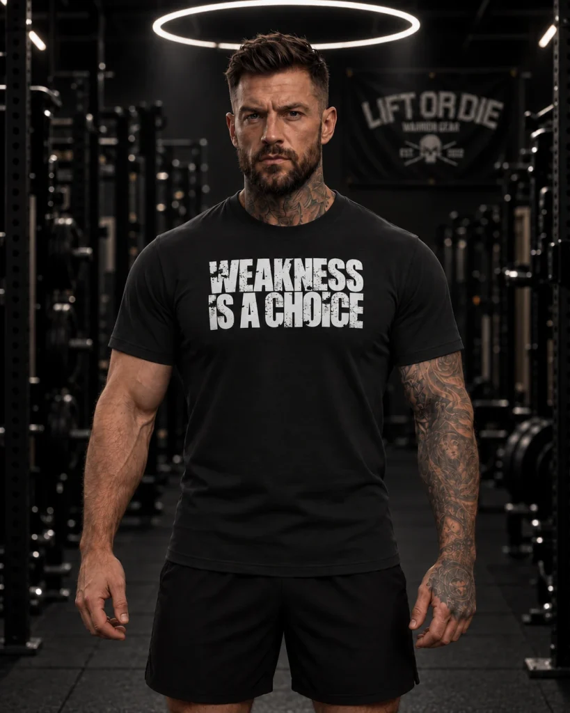 Atleta musculoso con la camiseta negra de gimnasio "Weakness Is A Choice", vista frontal, marca Warrior Gear.